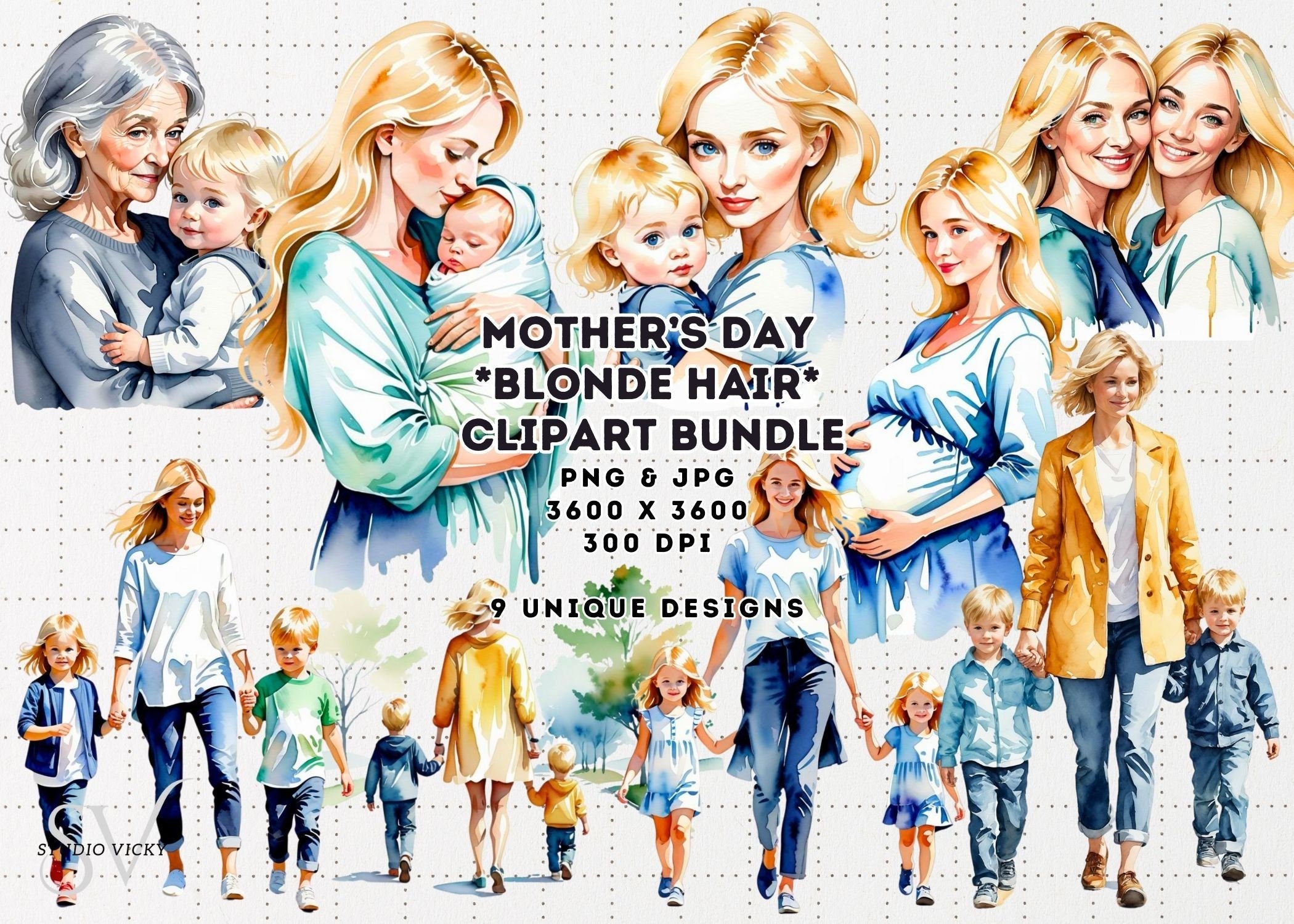 Watercolor Mother's Day Clipart: Blonde Moms (PNG & JPG)