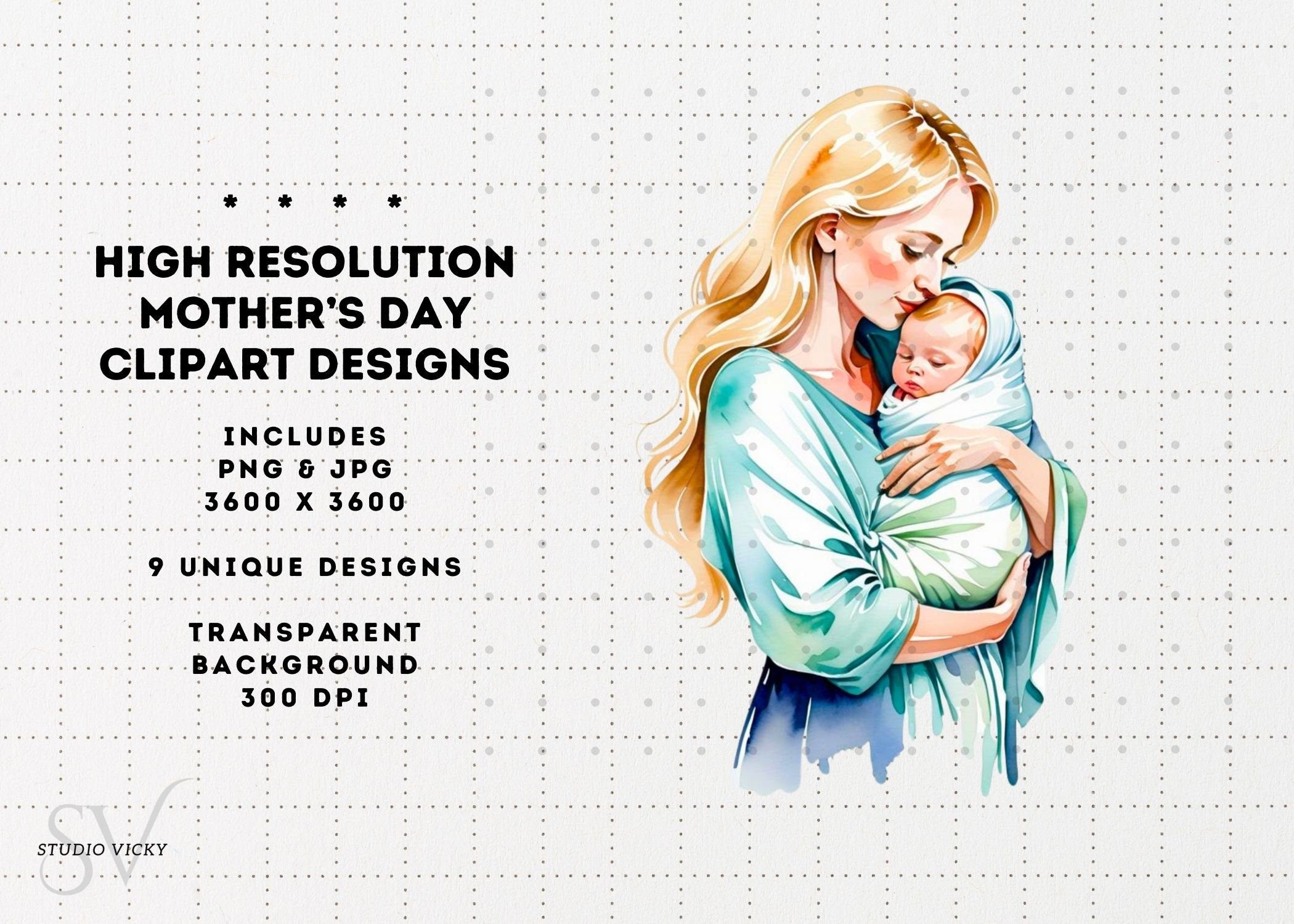Watercolor Mother's Day Clipart: Blonde Moms (PNG & JPG)