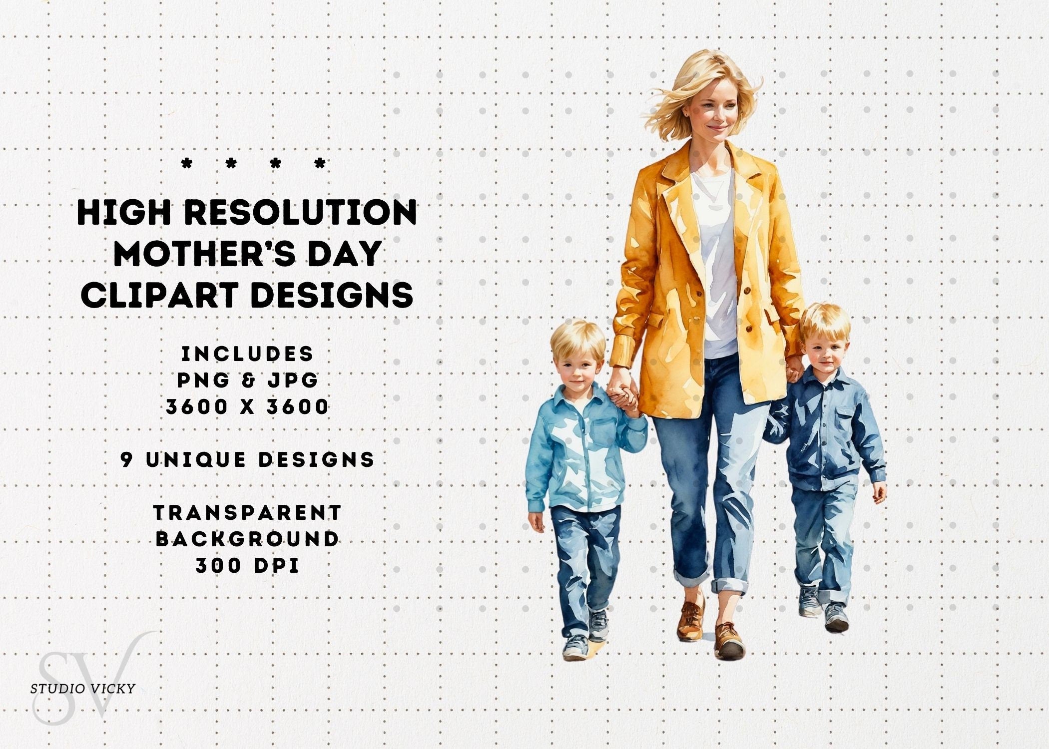 Watercolor Mother's Day Clipart: Blonde Moms (PNG & JPG)