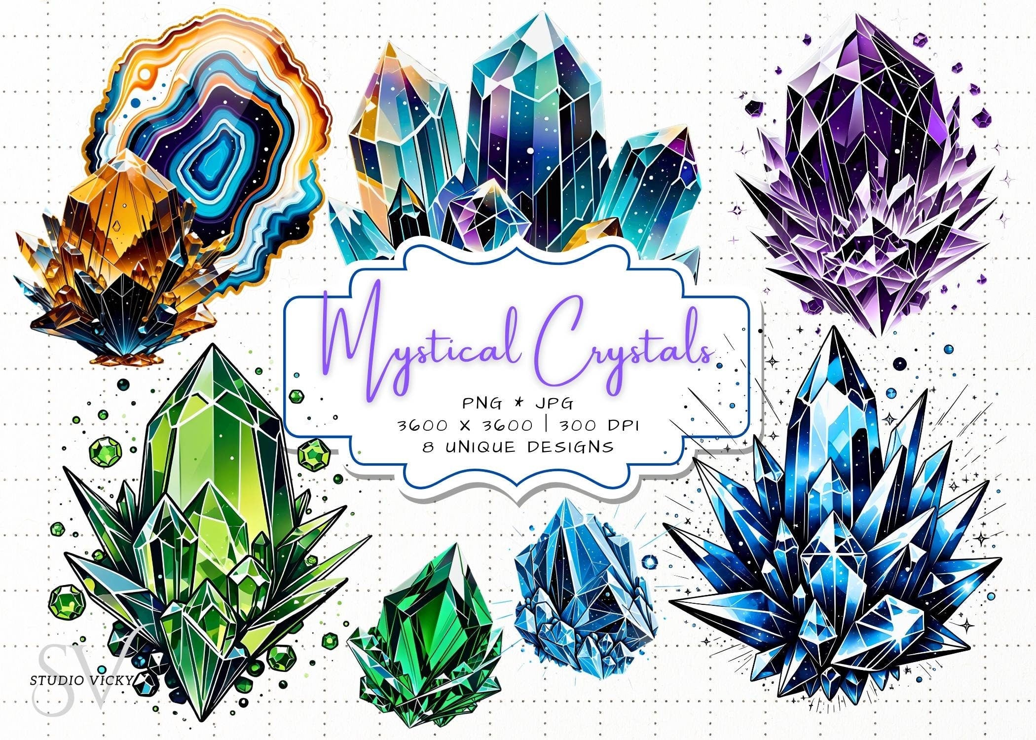 Mystical Crystal Clipart Bundle: Gemstone PNG Graphics (Digital Download)