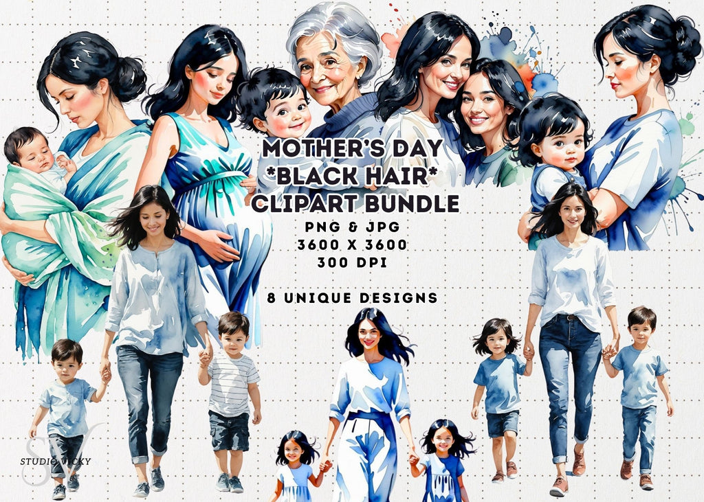 Watercolor Mother's Day Clipart: Black Hair PNG JPG (Digital Download)