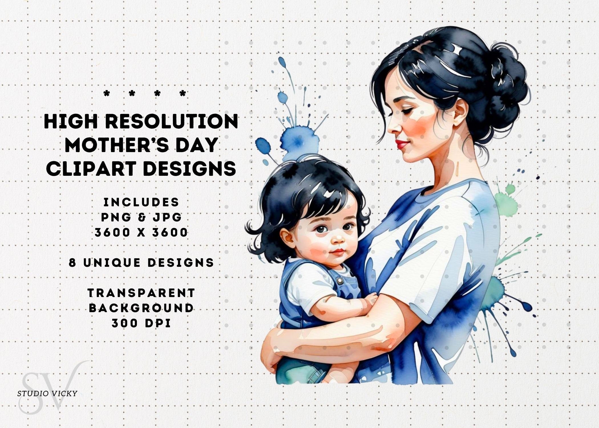 Watercolor Mother's Day Clipart: Black Hair PNG JPG (Digital Download)