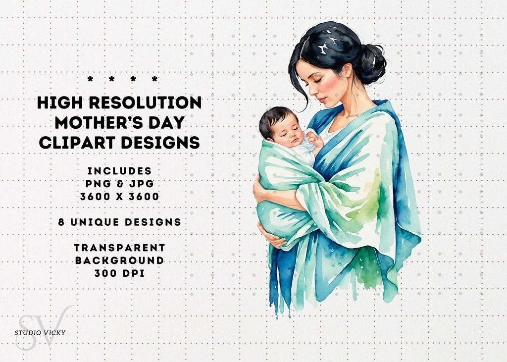 Watercolor Mother's Day Clipart: Black Hair PNG JPG (Digital Download)