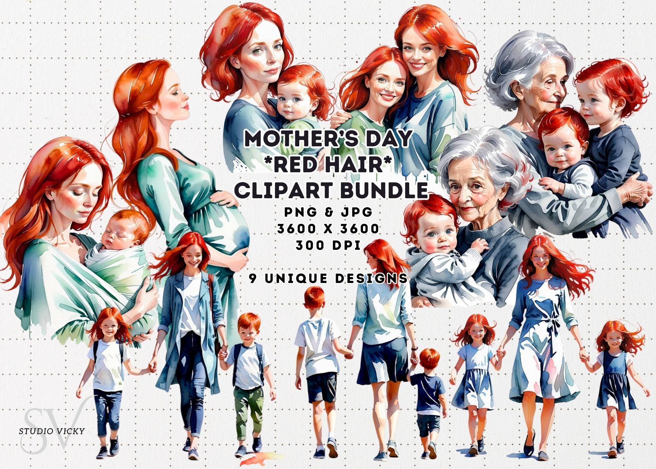 Watercolor Redhead Mother's Day Clipart Bundle (PNG & JPG)