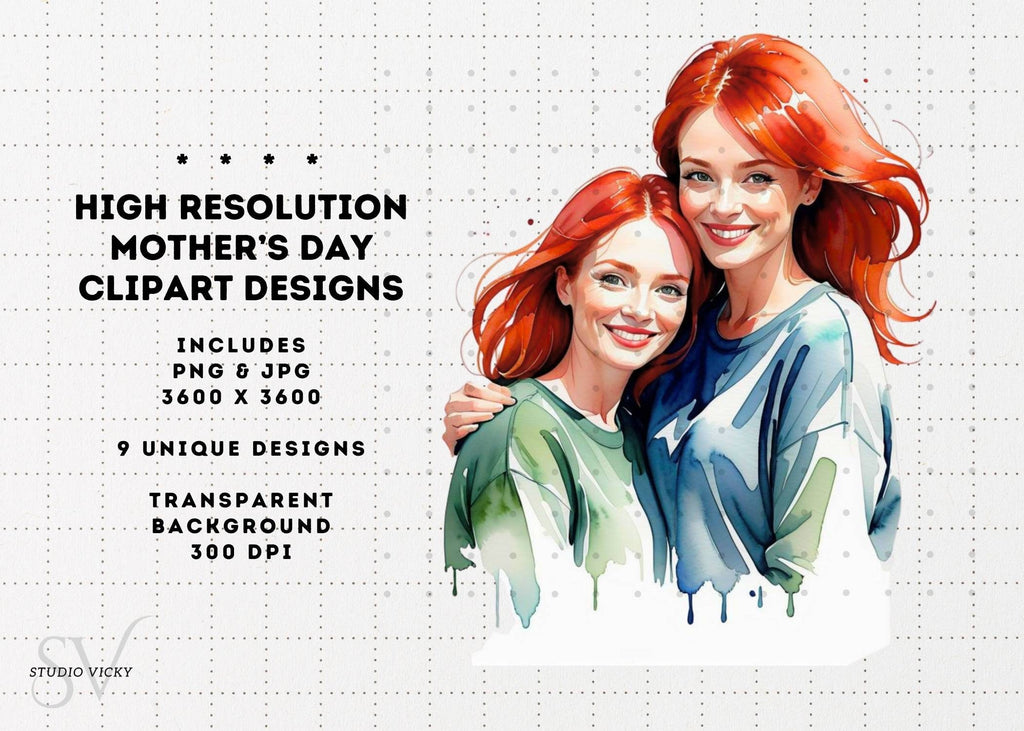 Watercolor Redhead Mother's Day Clipart Bundle (PNG & JPG)