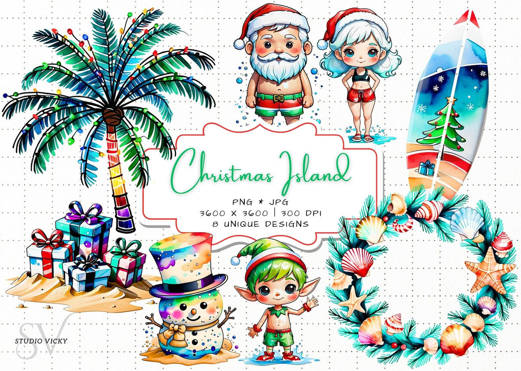 Christmas Island Clipart: Santa, Snowman, Surfboard (PNG & JPG)