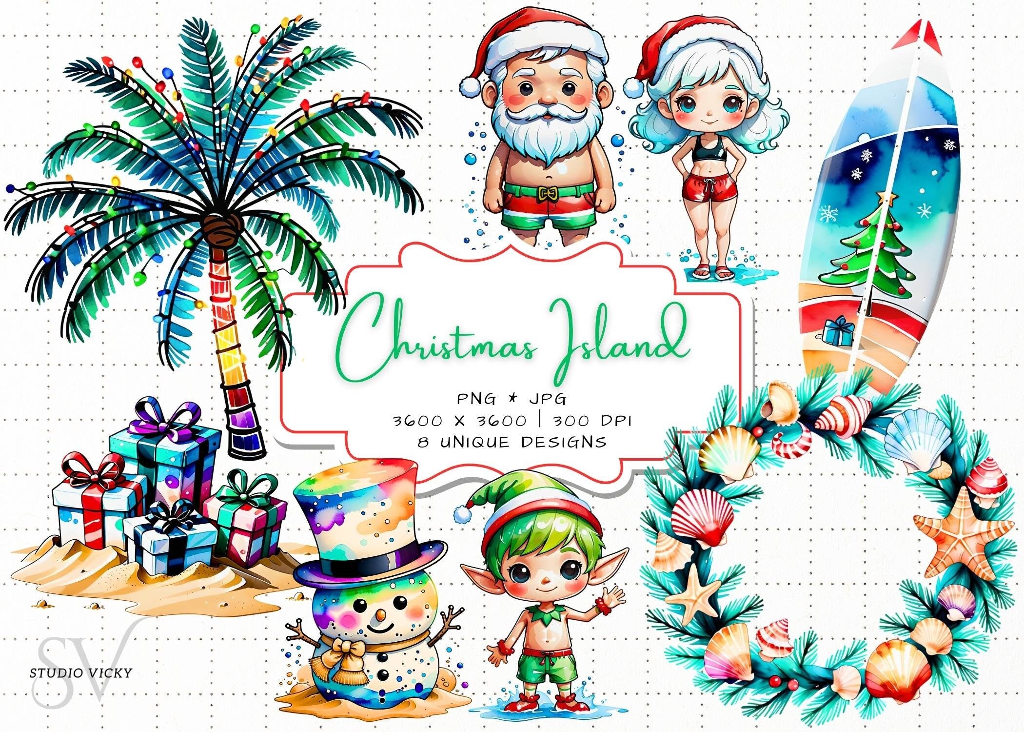 Christmas Island Clipart: Santa, Snowman, Surfboard (PNG & JPG)