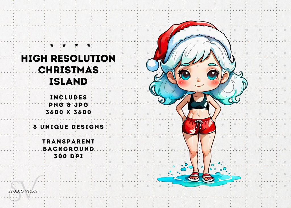 Christmas Island Clipart: Santa, Snowman, Surfboard (PNG & JPG)