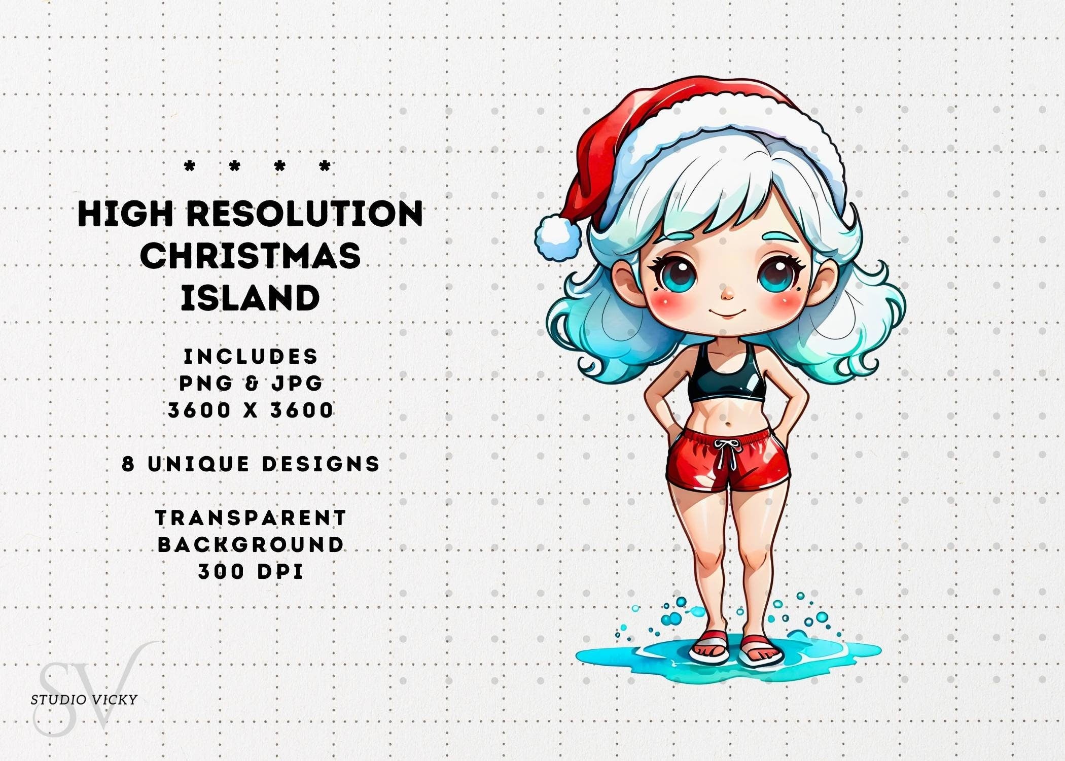 Christmas Island Clipart: Santa, Snowman, Surfboard (PNG & JPG)