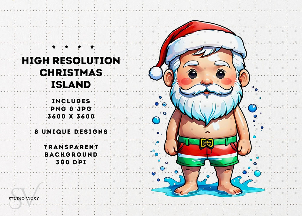 Christmas Island Clipart: Santa, Snowman, Surfboard (PNG & JPG)