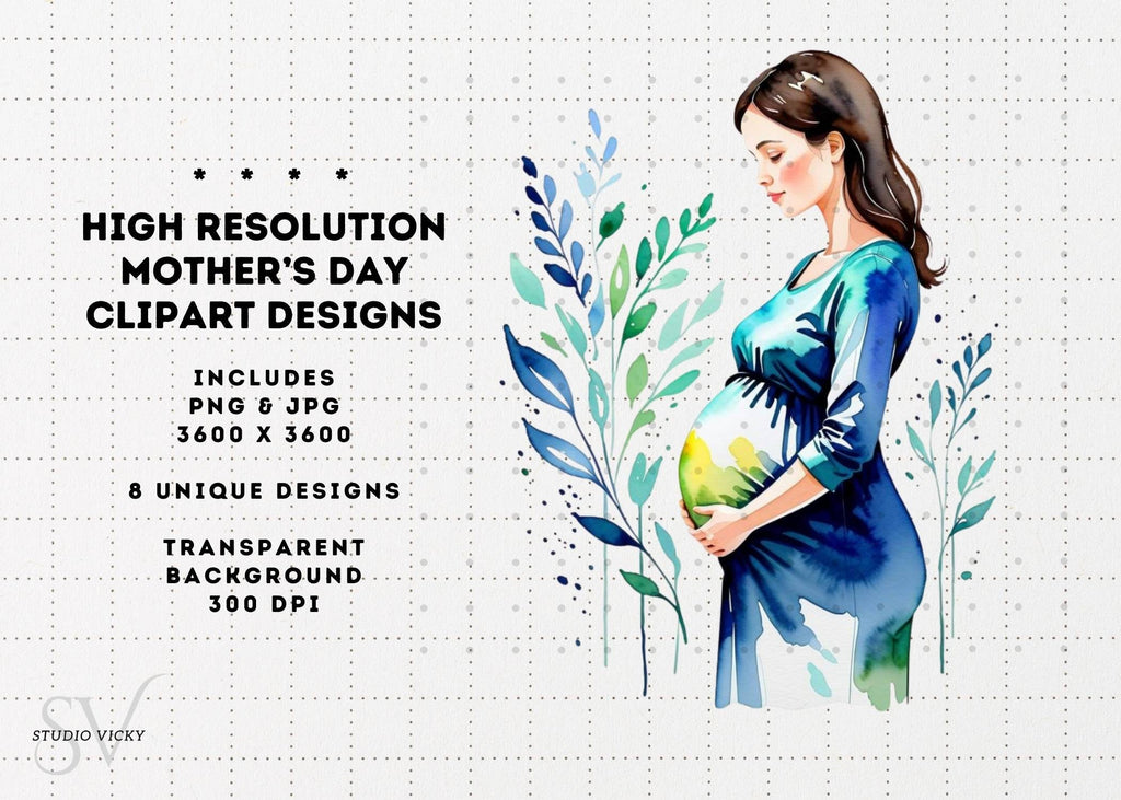 Watercolor Brunette Mother's Day Clipart: PNG JPG (Digital Download)