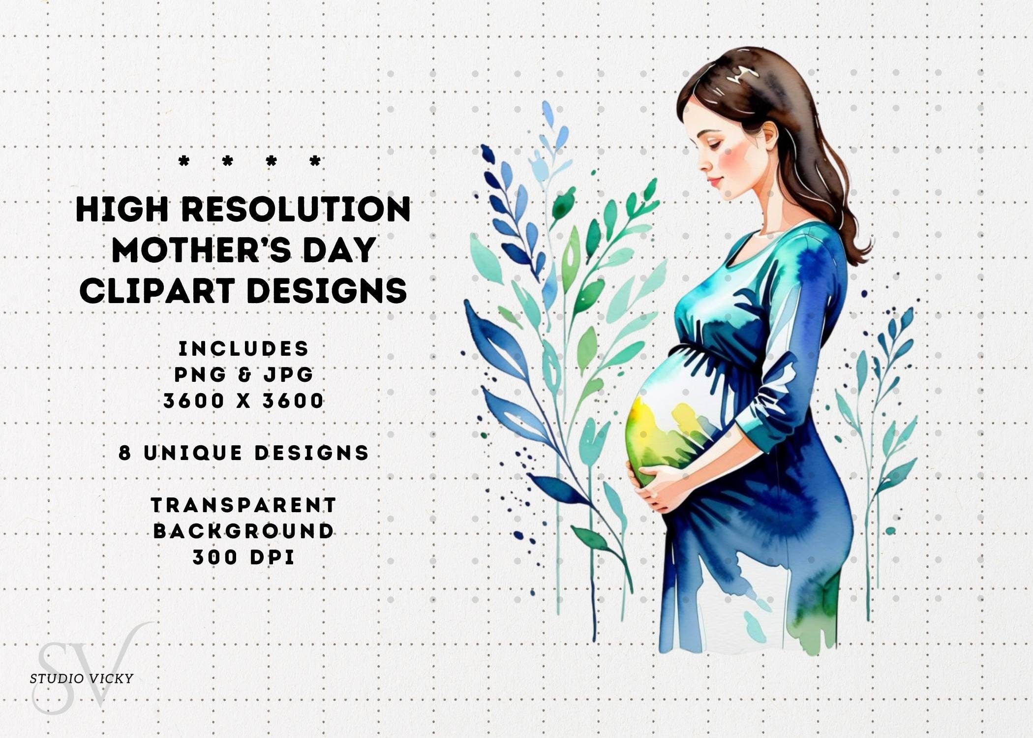 Watercolor Brunette Mother's Day Clipart: PNG JPG (Digital Download)