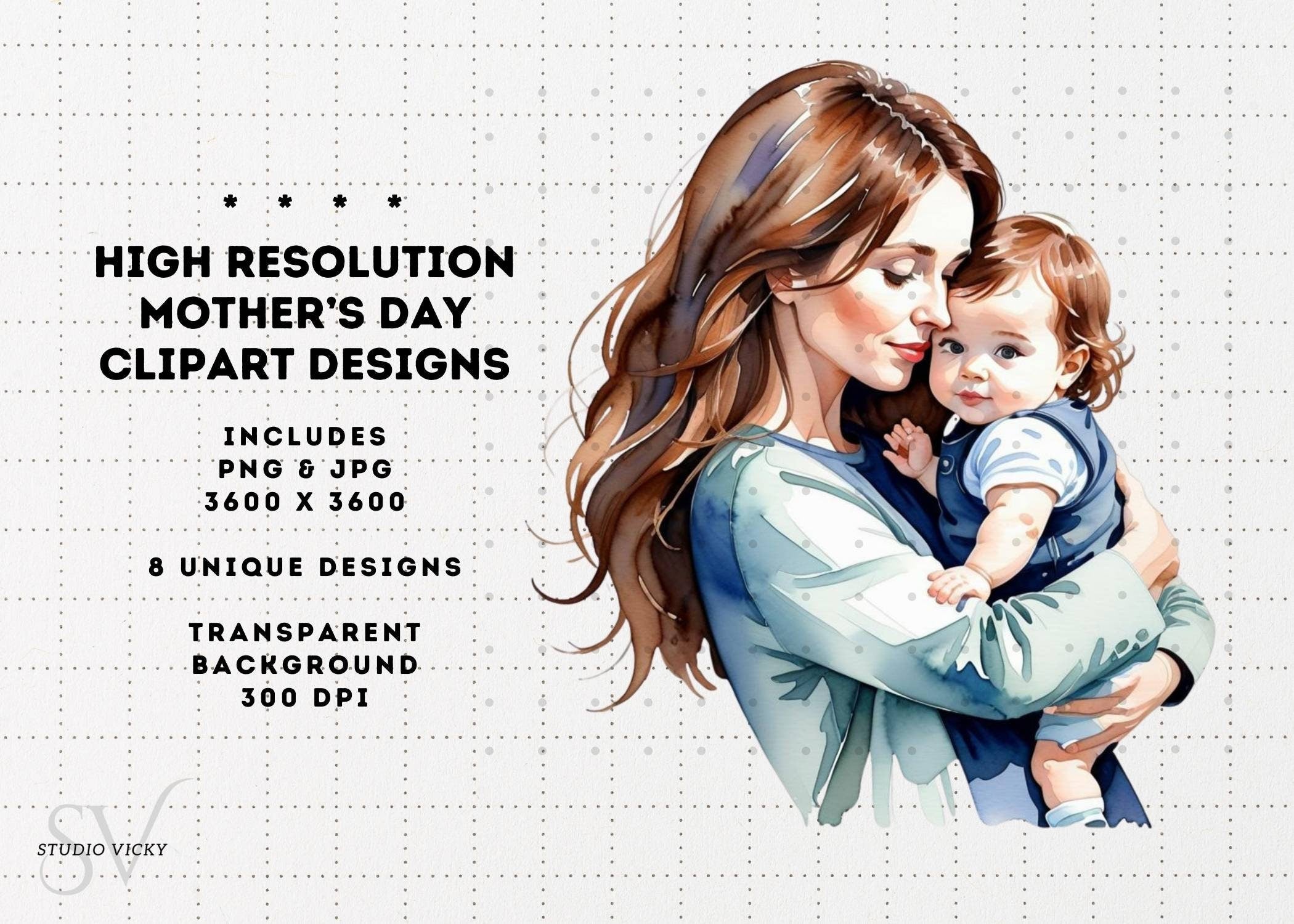 Watercolor Brunette Mother's Day Clipart: PNG JPG (Digital Download)
