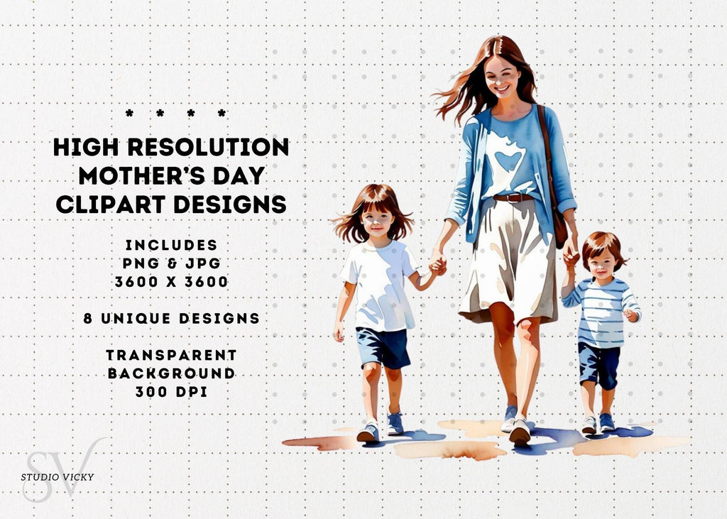 Watercolor Brunette Mother's Day Clipart: PNG JPG (Digital Download)