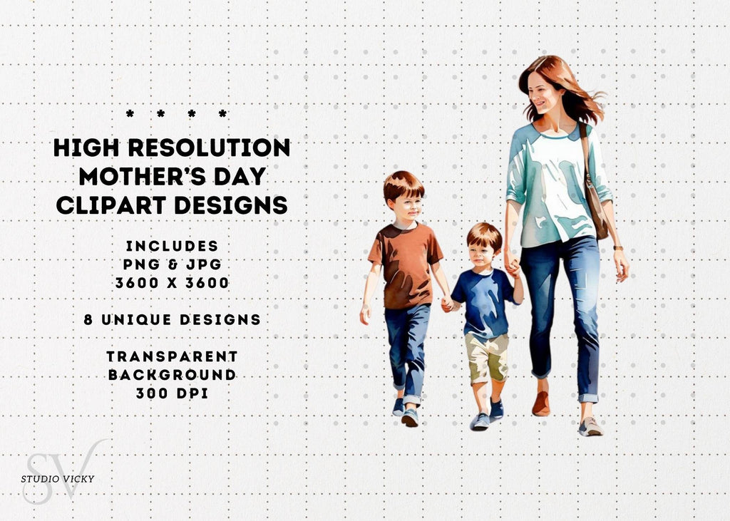 Watercolor Brunette Mother's Day Clipart: PNG JPG (Digital Download)