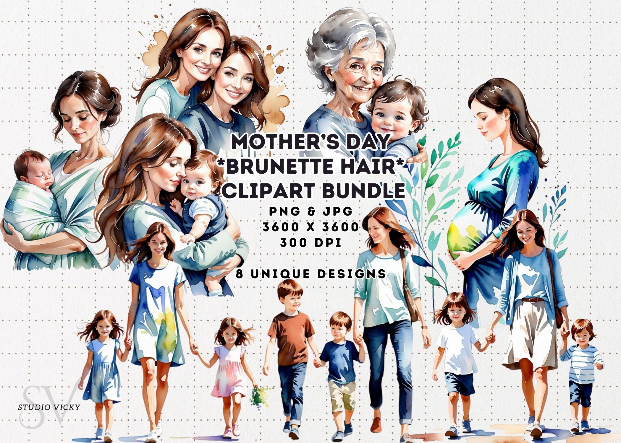 Watercolor Brunette Mother's Day Clipart: PNG JPG (Digital Download)