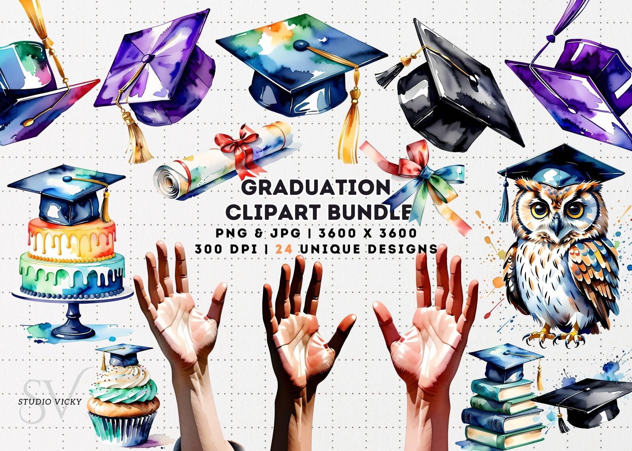 Watercolor Graduation Clipart: Cap, Diploma, Owl (PNG Digital Download)