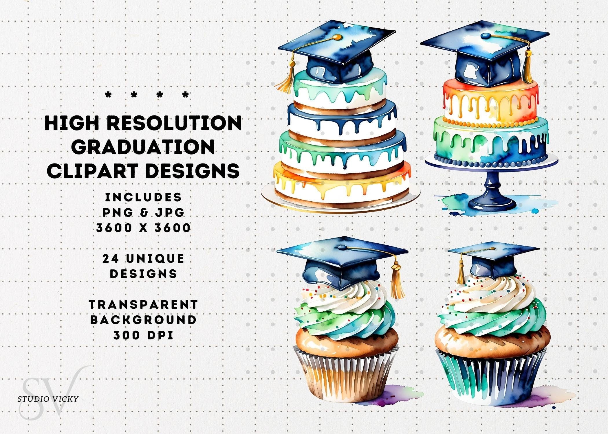 Watercolor Graduation Clipart: Cap, Diploma, Owl (PNG Digital Download)