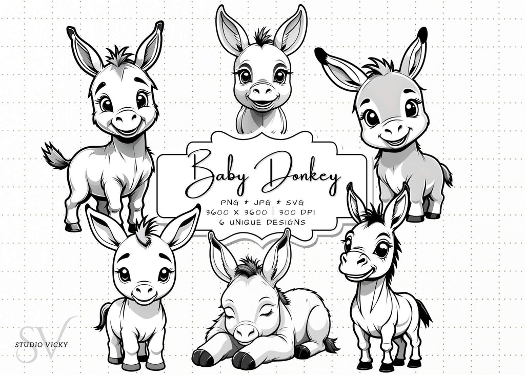 Baby Donkey Clipart Bundle: Foal SVG, PNG (Instant Download