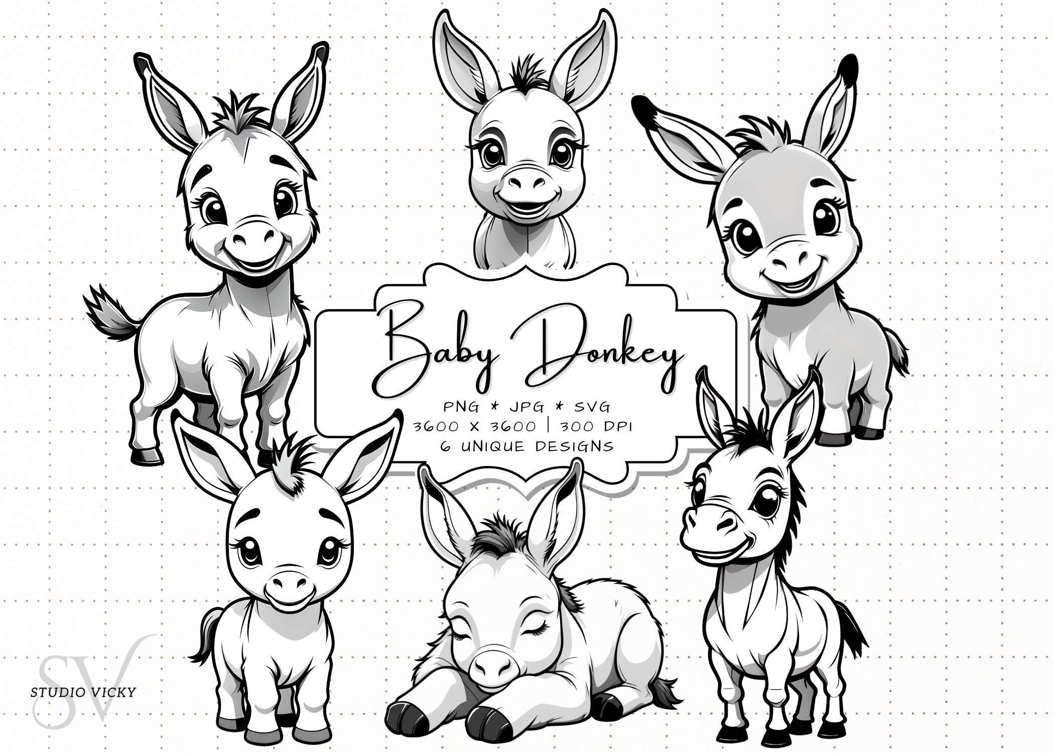 Baby Donkey Clipart Bundle: Foal SVG, PNG (Instant Download