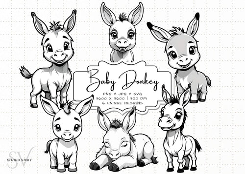Baby Donkey Clipart Bundle: Foal SVG, PNG (Instant Download