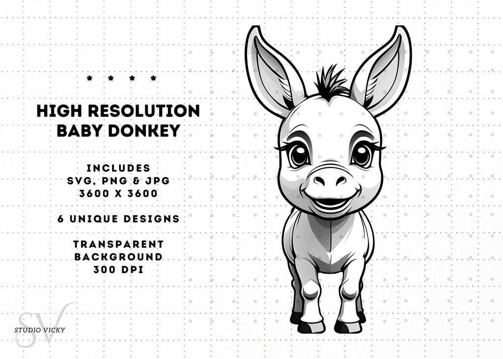 Baby Donkey Clipart Bundle: Foal SVG, PNG (Instant Download
