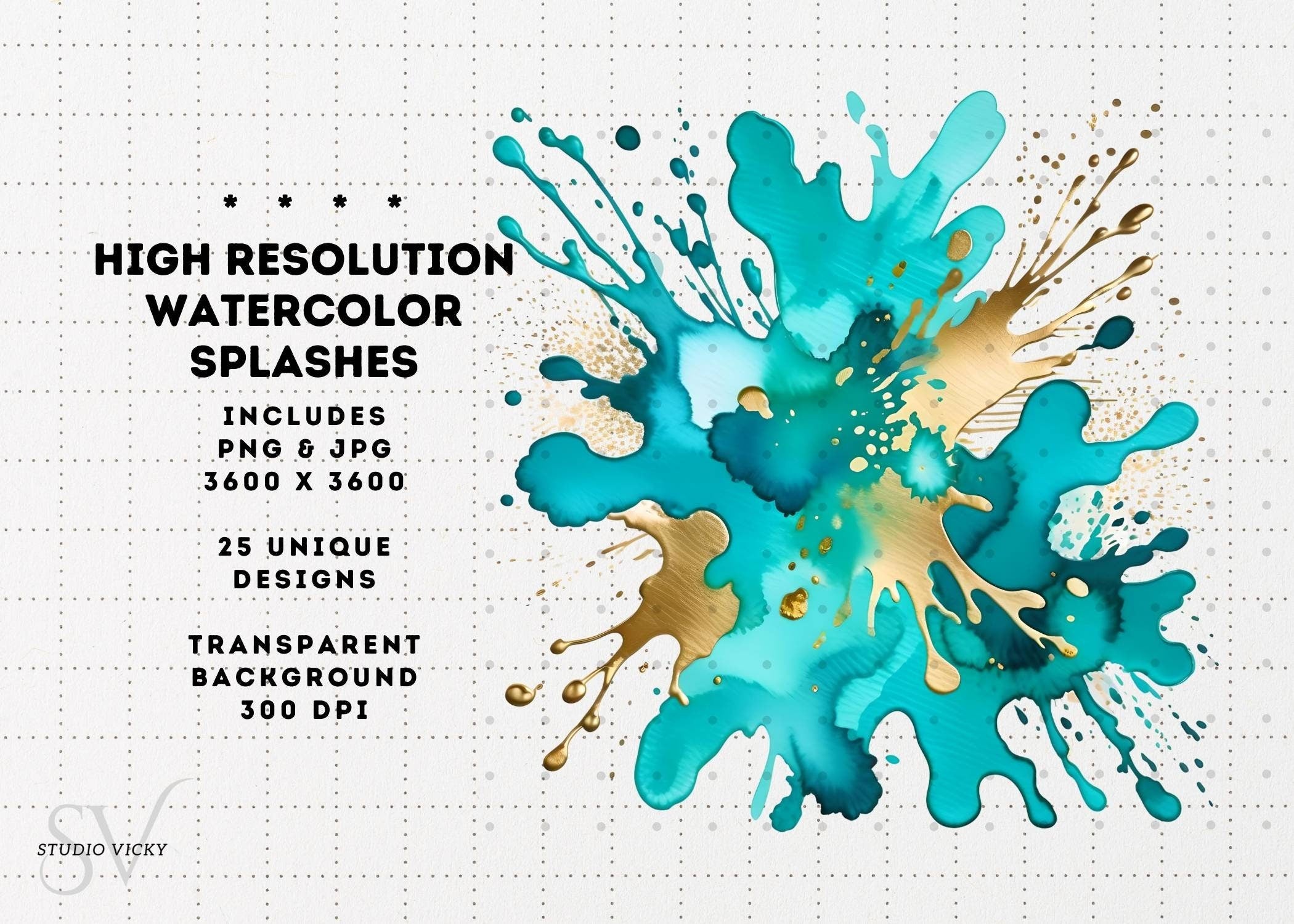 Watercolor Splash Clipart: Colorful Ink Splatter PNG, JPG (Instant Download)