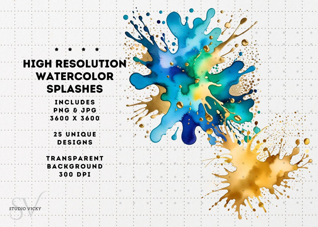 Watercolor Splash Clipart: Colorful Ink Splatter PNG, JPG (Instant Download)