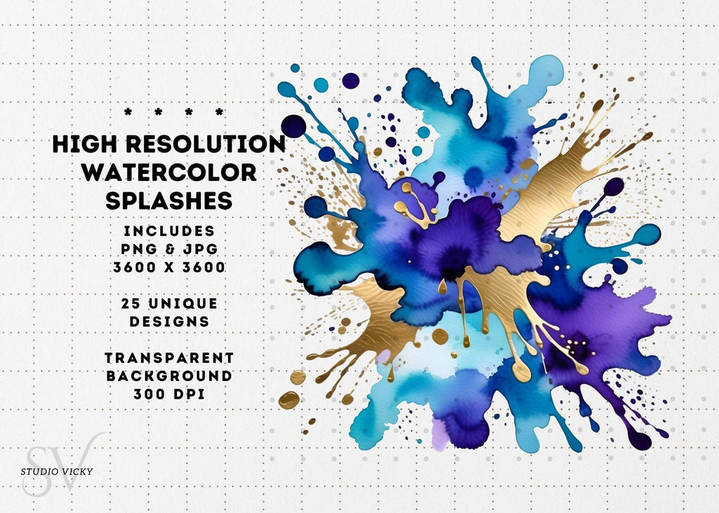 Watercolor Splash Clipart: Colorful Ink Splatter PNG, JPG (Instant Download)