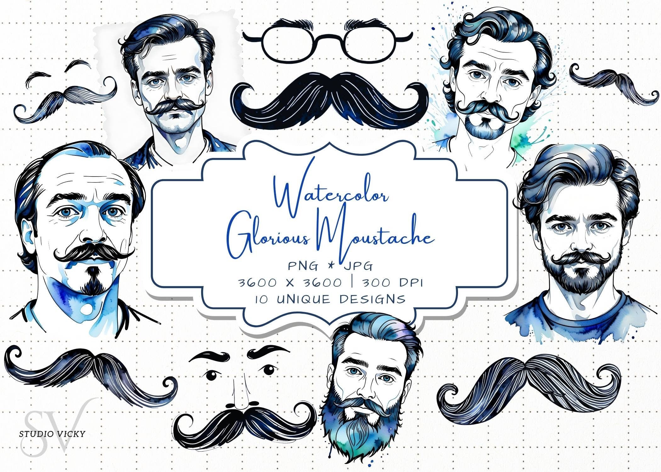 Watercolor Moustache Clipart Set: Father's Day PNG Graphics (Digital Download)