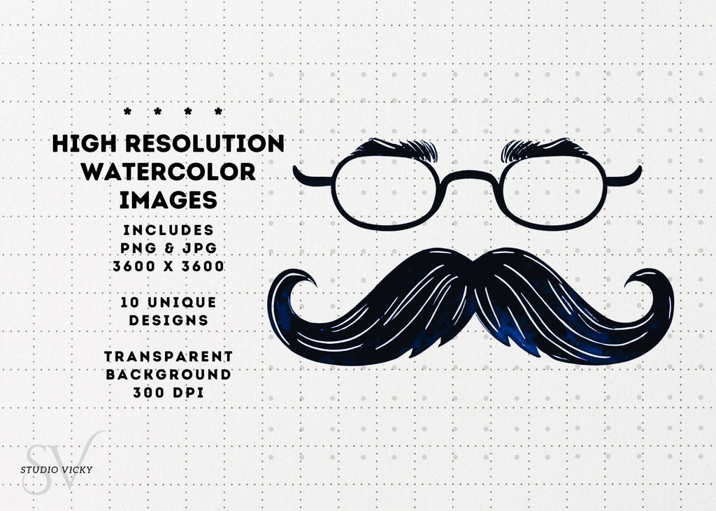 Watercolor Moustache Clipart Set: Father's Day PNG Graphics (Digital Download)