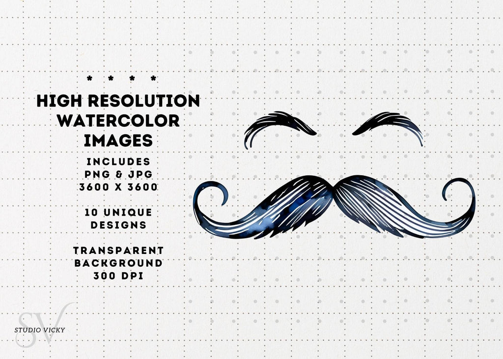 Watercolor Moustache Clipart Set: Father's Day PNG Graphics (Digital Download)
