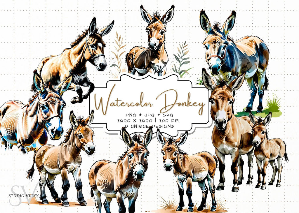 Watercolor Donkey Clipart: Farm Animal PNG, SVG, JPG (Digital Download)