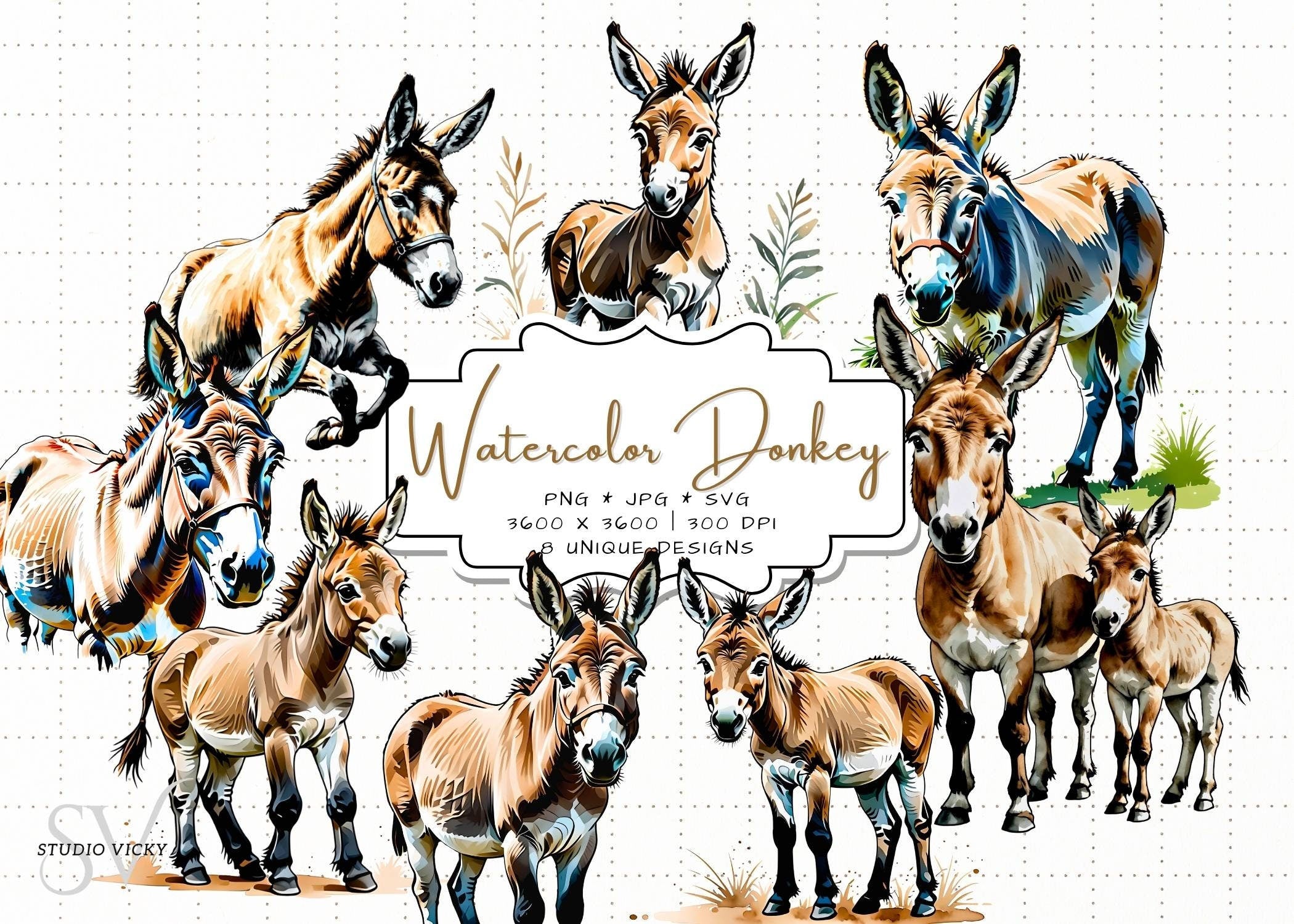 Watercolor Donkey Clipart: Farm Animal PNG, SVG, JPG (Digital Download)