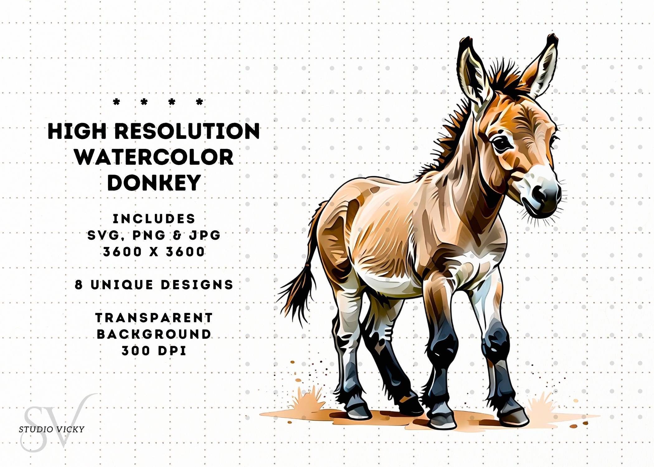 Watercolor Donkey Clipart: Farm Animal PNG, SVG, JPG (Digital Download)