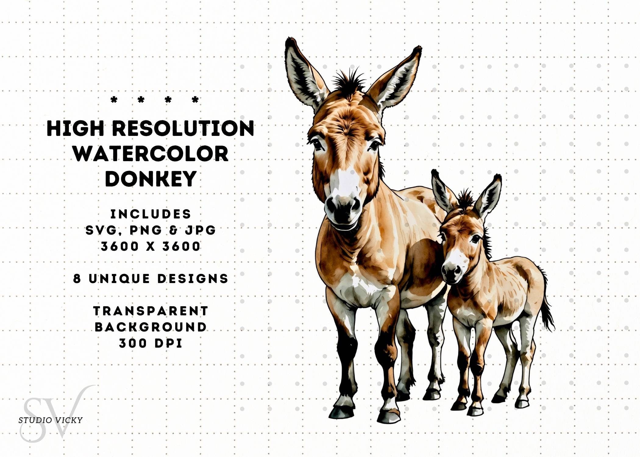 Watercolor Donkey Clipart: Farm Animal PNG, SVG, JPG (Digital Download)
