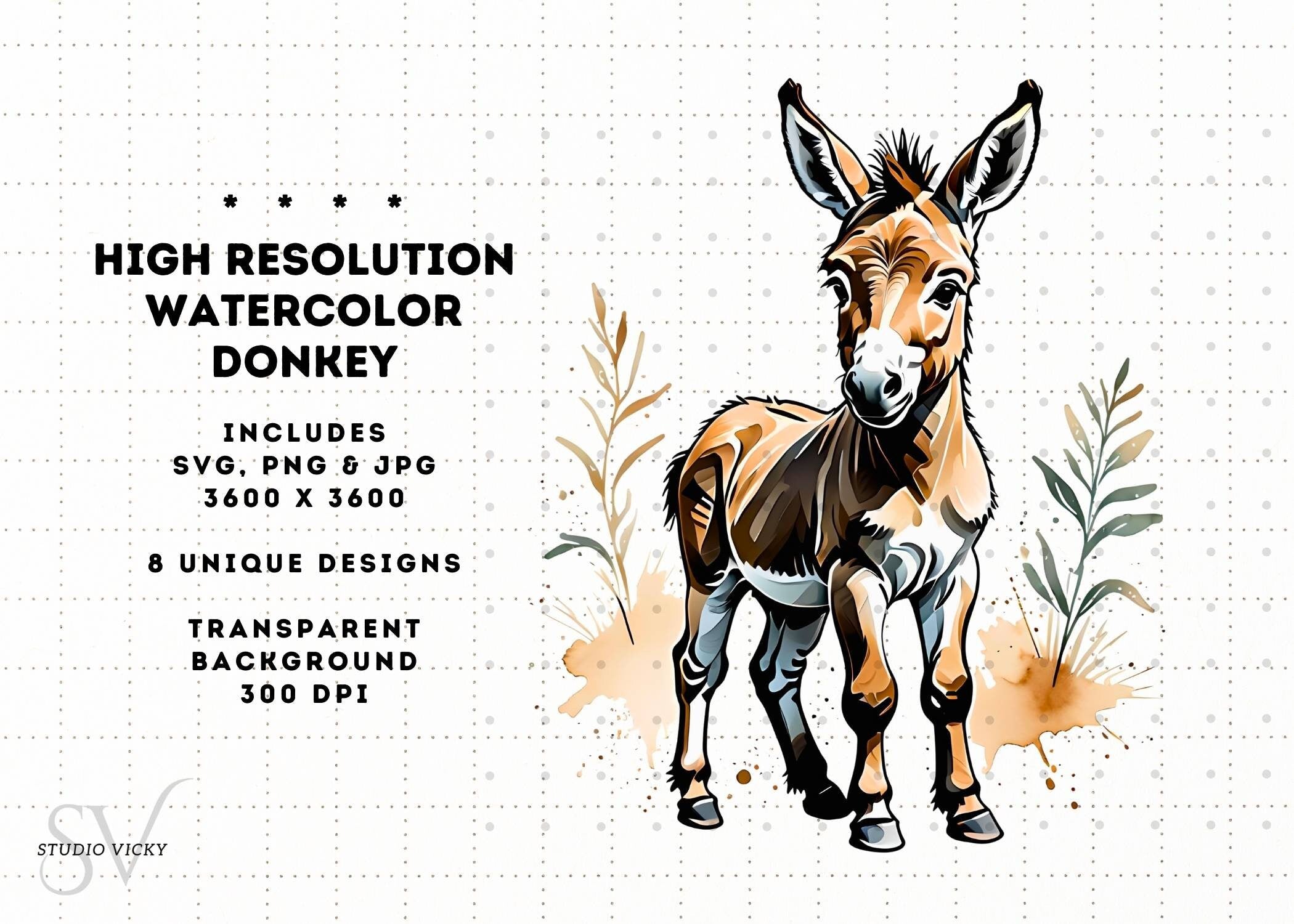 Watercolor Donkey Clipart: Farm Animal PNG, SVG, JPG (Digital Download)