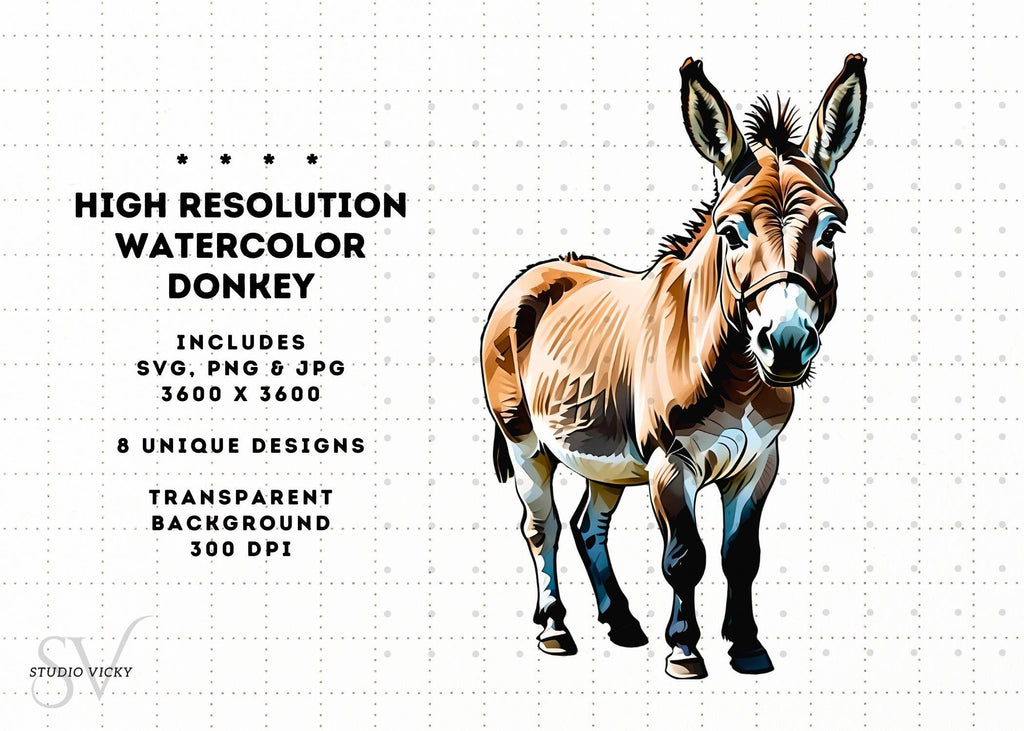 Watercolor Donkey Clipart: Farm Animal PNG, SVG, JPG (Digital Download)