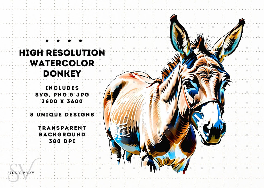 Watercolor Donkey Clipart: Farm Animal PNG, SVG, JPG (Digital Download)
