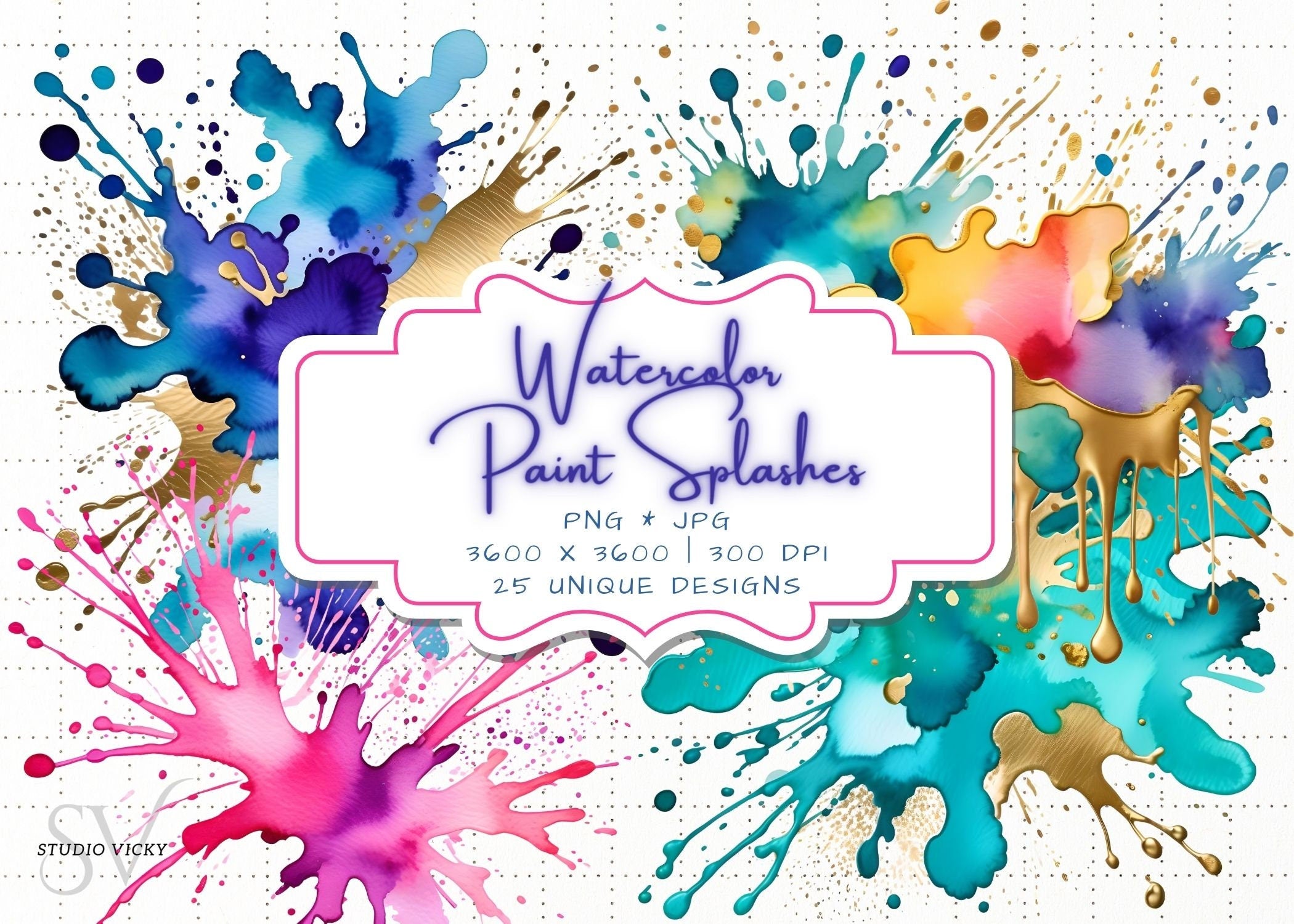 Watercolor Splash Clipart: Colorful Ink Splatter PNG, JPG (Instant Download)