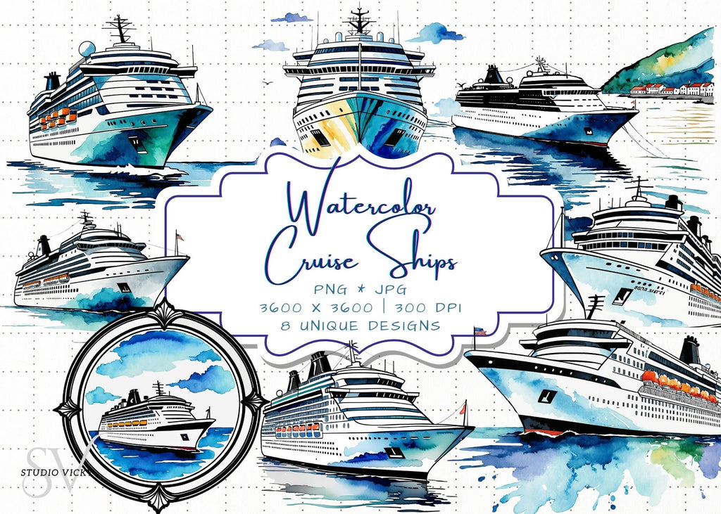 Watercolor Cruise Ship Clipart: PNG & JPG (Instant Download)