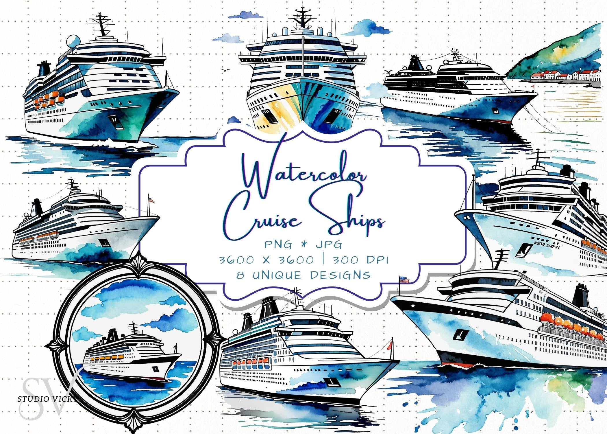 Watercolor Cruise Ship Clipart: PNG & JPG (Instant Download)