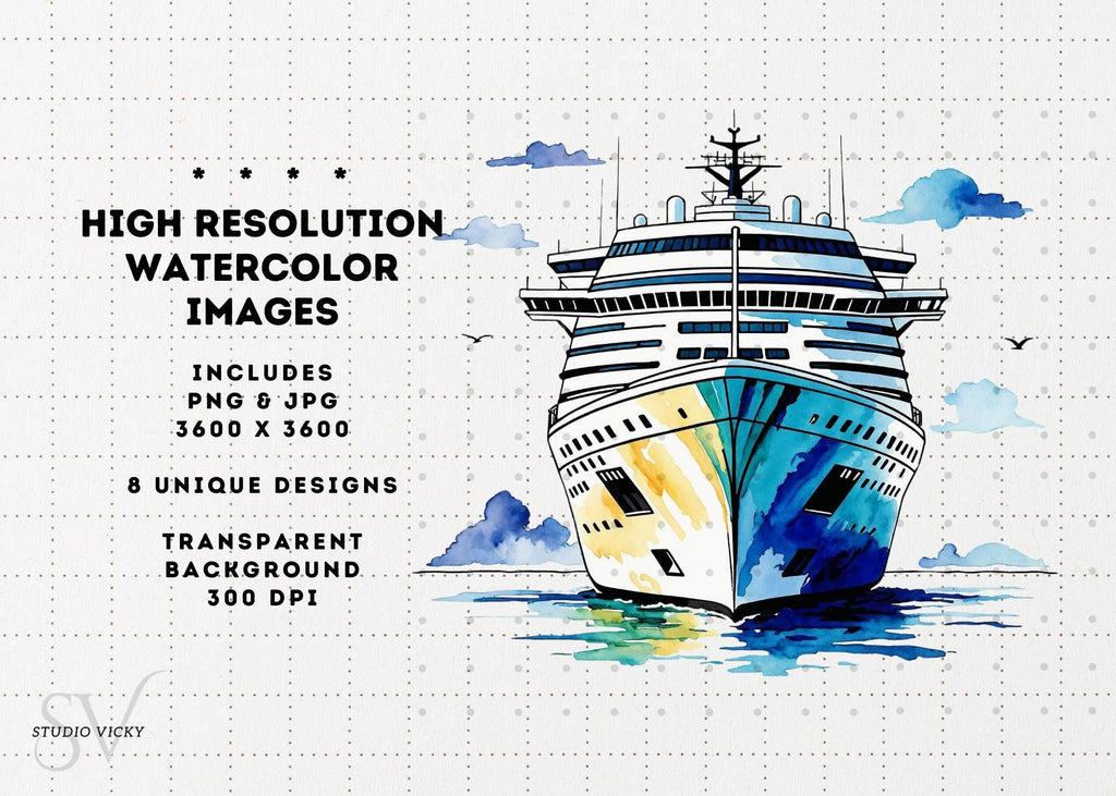 Watercolor Cruise Ship Clipart: PNG & JPG (Instant Download)