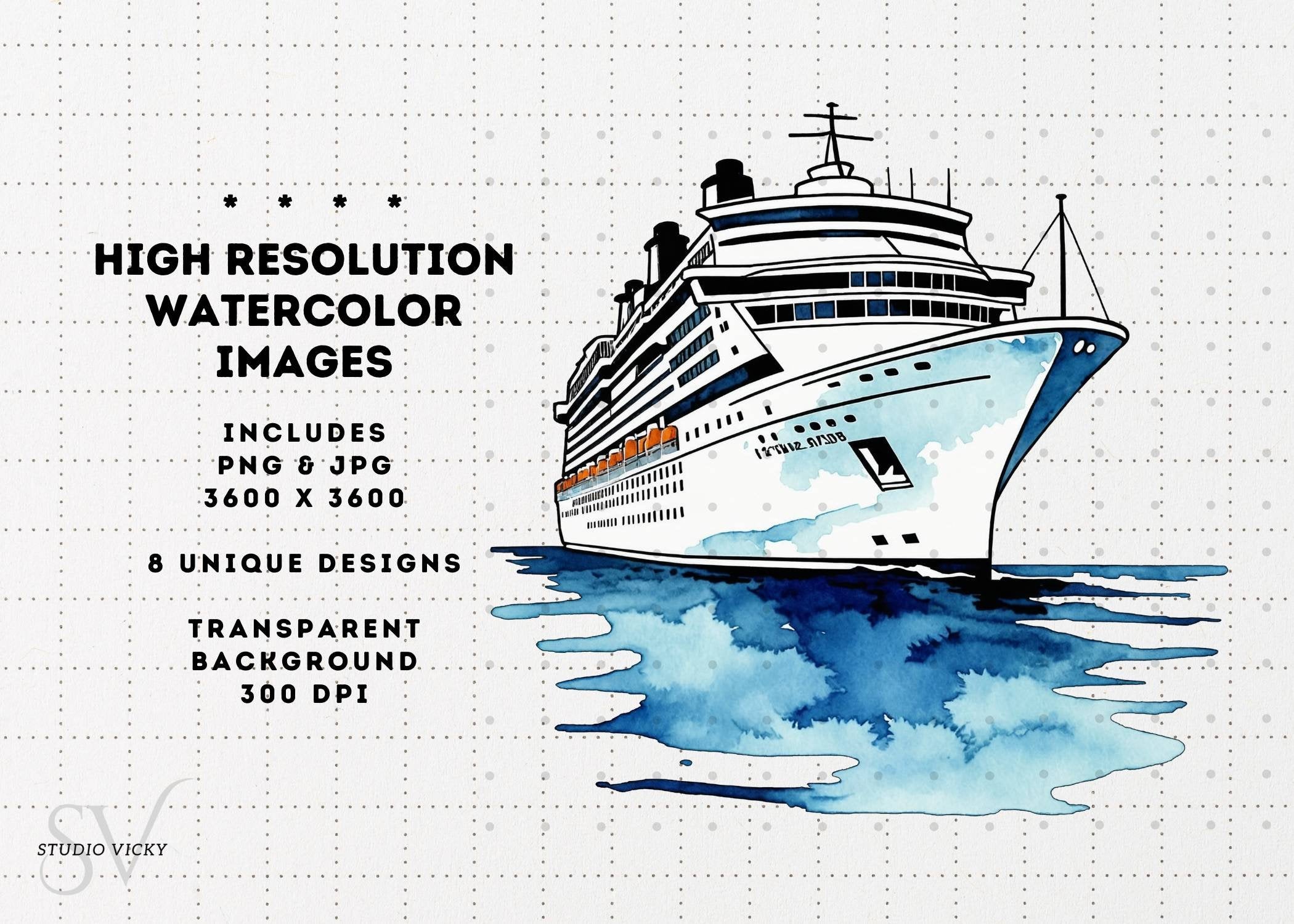 Watercolor Cruise Ship Clipart: PNG & JPG (Instant Download)