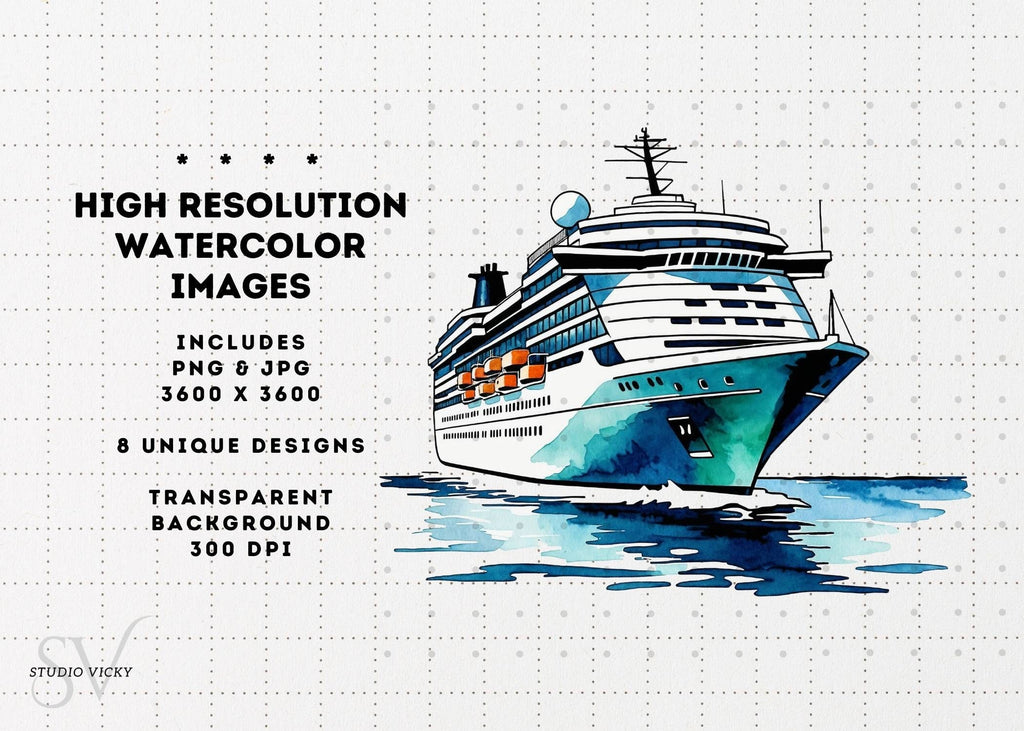 Watercolor Cruise Ship Clipart: PNG & JPG (Instant Download)