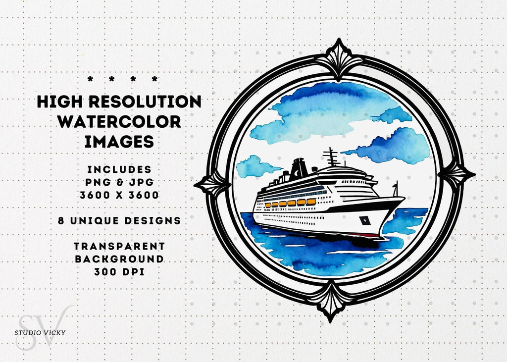 Watercolor Cruise Ship Clipart: PNG & JPG (Instant Download)