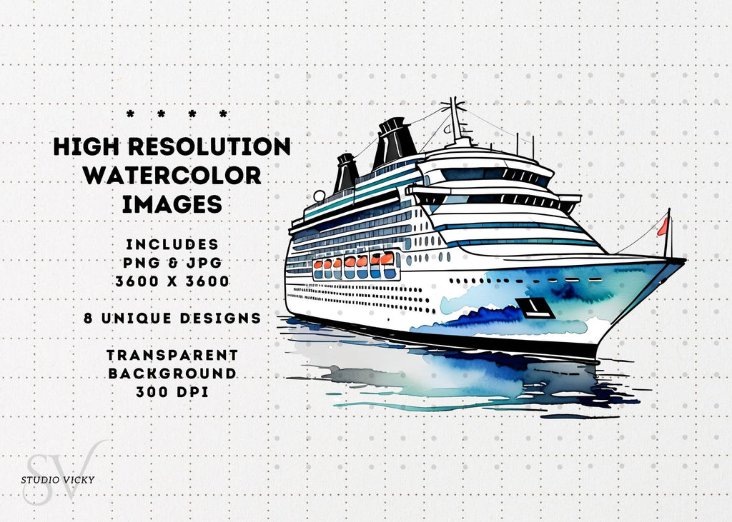 Watercolor Cruise Ship Clipart: PNG & JPG (Instant Download)