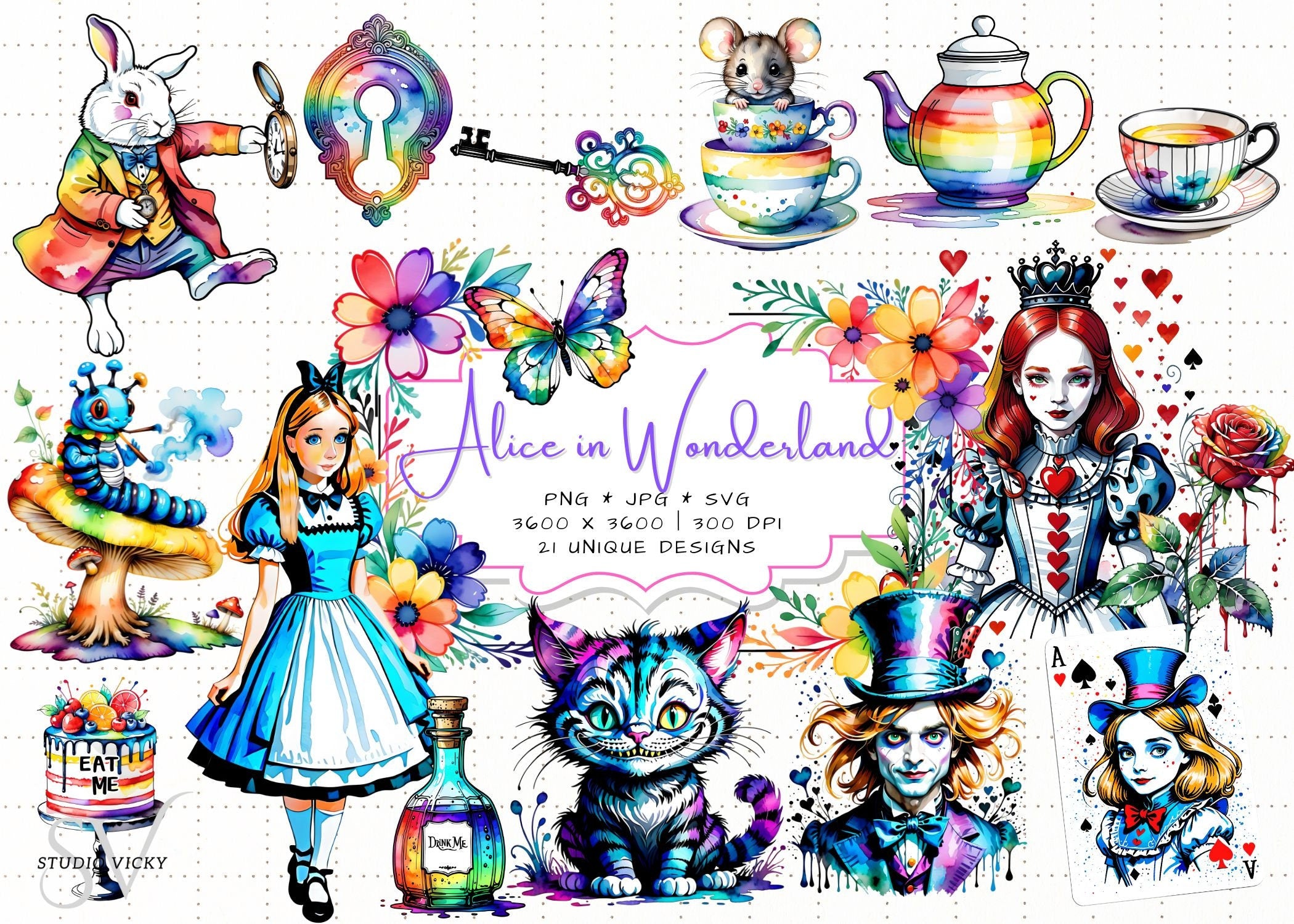 Watercolor Alice in Wonderland Clipart: Storybook PNG Set (Digital Download)