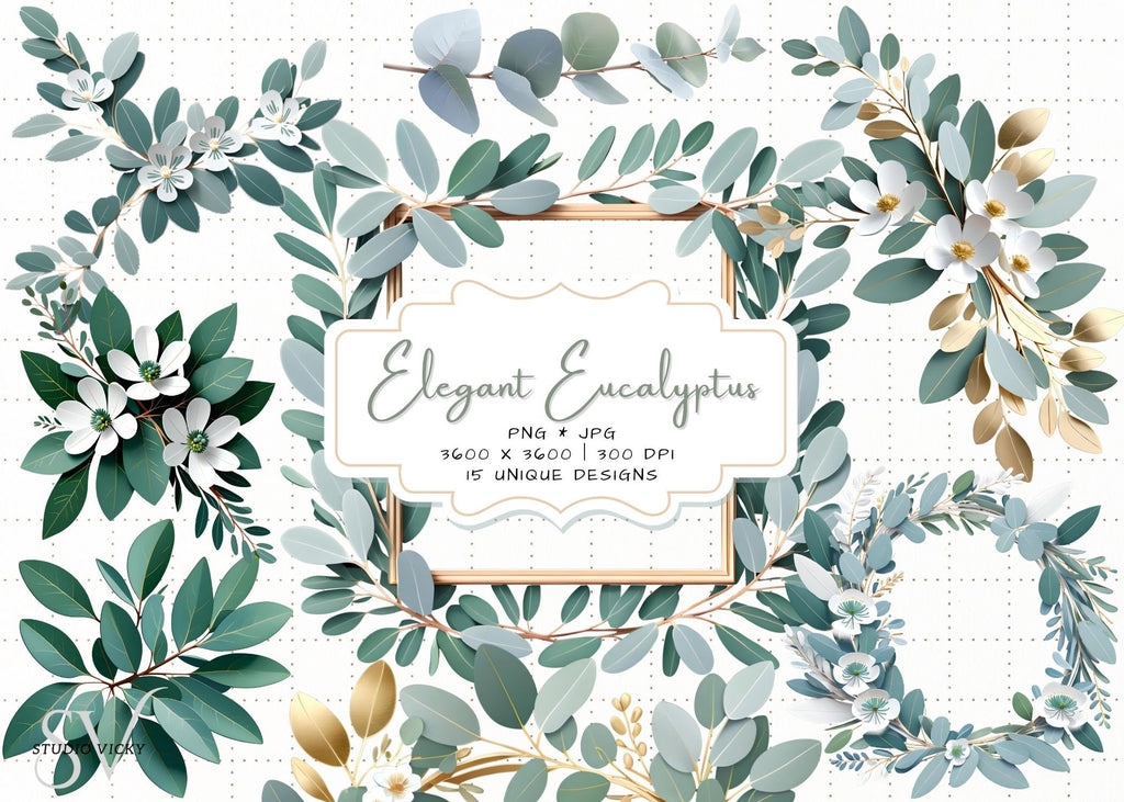 Eucalyptus Clipart Set: Watercolor Leaf, Silver & Gold Frames (PNG, JPG)