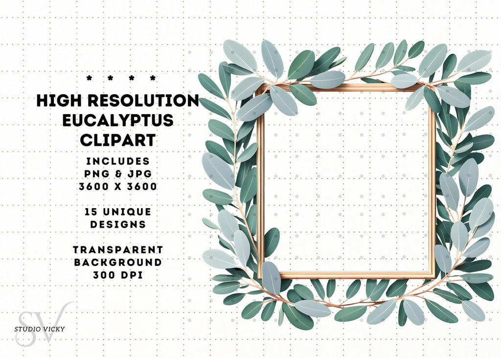 Eucalyptus Clipart Set: Watercolor Leaf, Silver & Gold Frames (PNG, JPG)